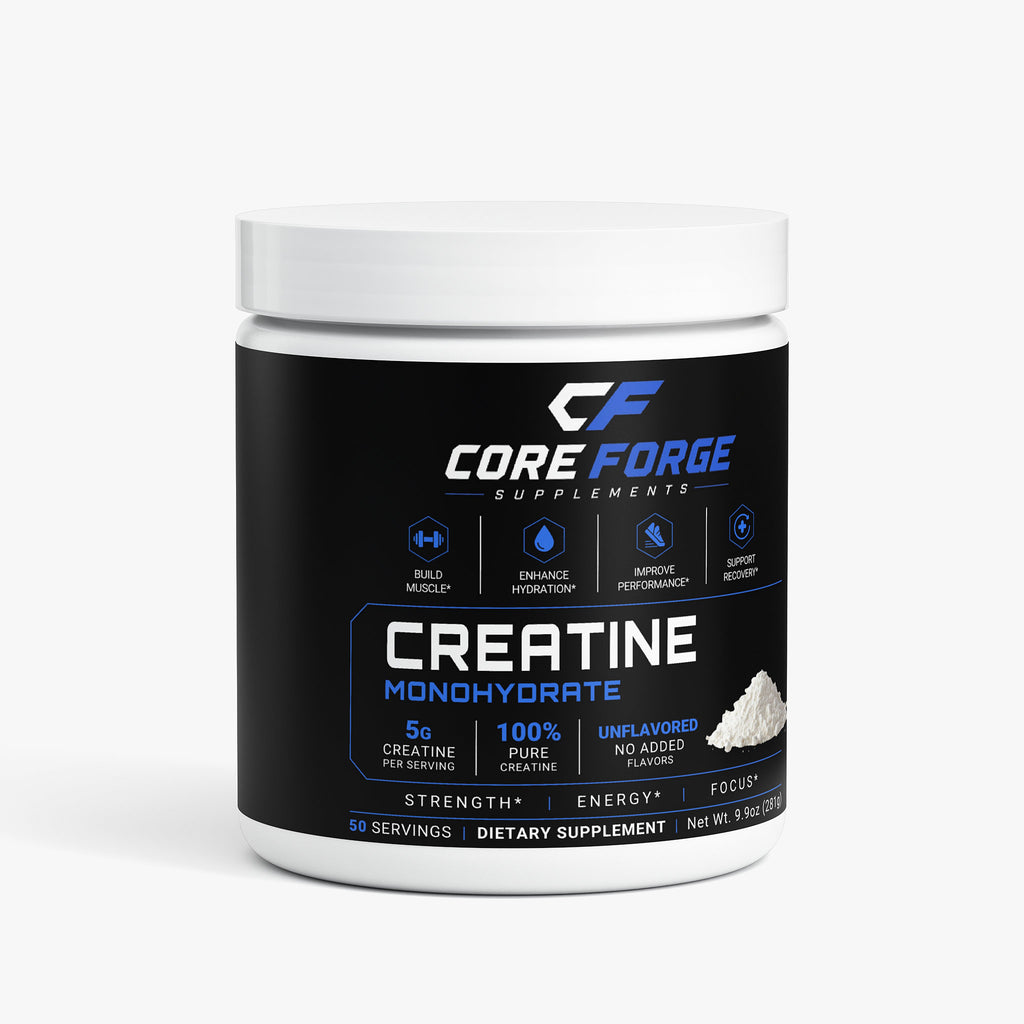CoreForge Creatine Monohydrate tub front label - 5g creatine per serving, 100% pure, unflavored, 50 servings