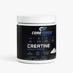 CoreForge Creatine Monohydrate tub front label - 5g creatine per serving, 100% pure, unflavored, 50 servings