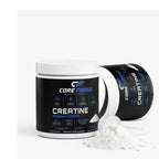 CoreForge Creatine Monohydrate tub with scoop of unflavored micronized creatine powder