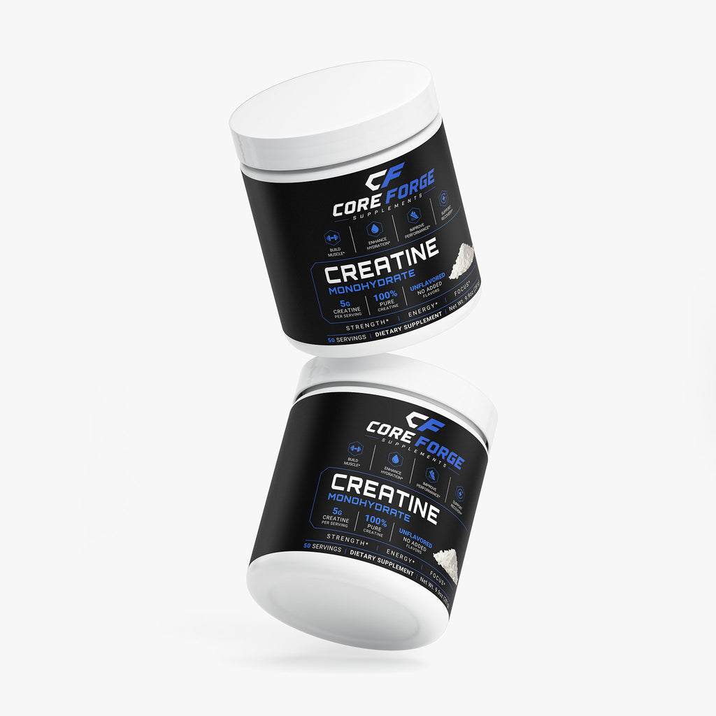 CoreForge Creatine Monohydrate product shot - dark premium branding
