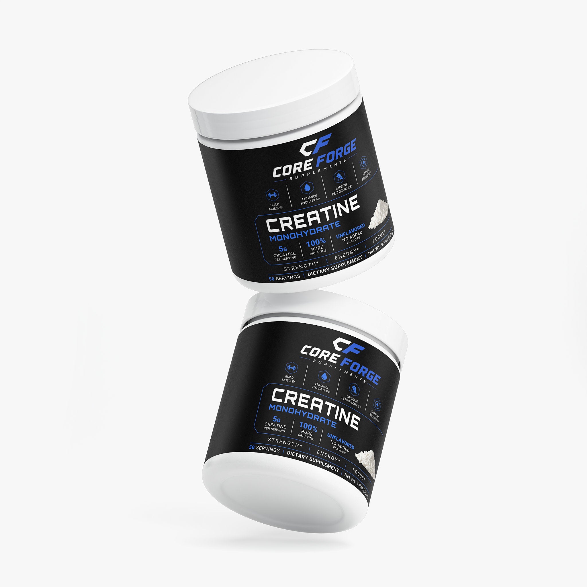 CoreForge Creatine Monohydrate product shot - dark premium branding