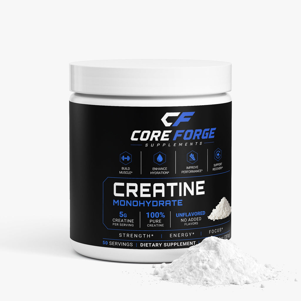 CoreForge Creatine Monohydrate 50-serving tub - side angle view