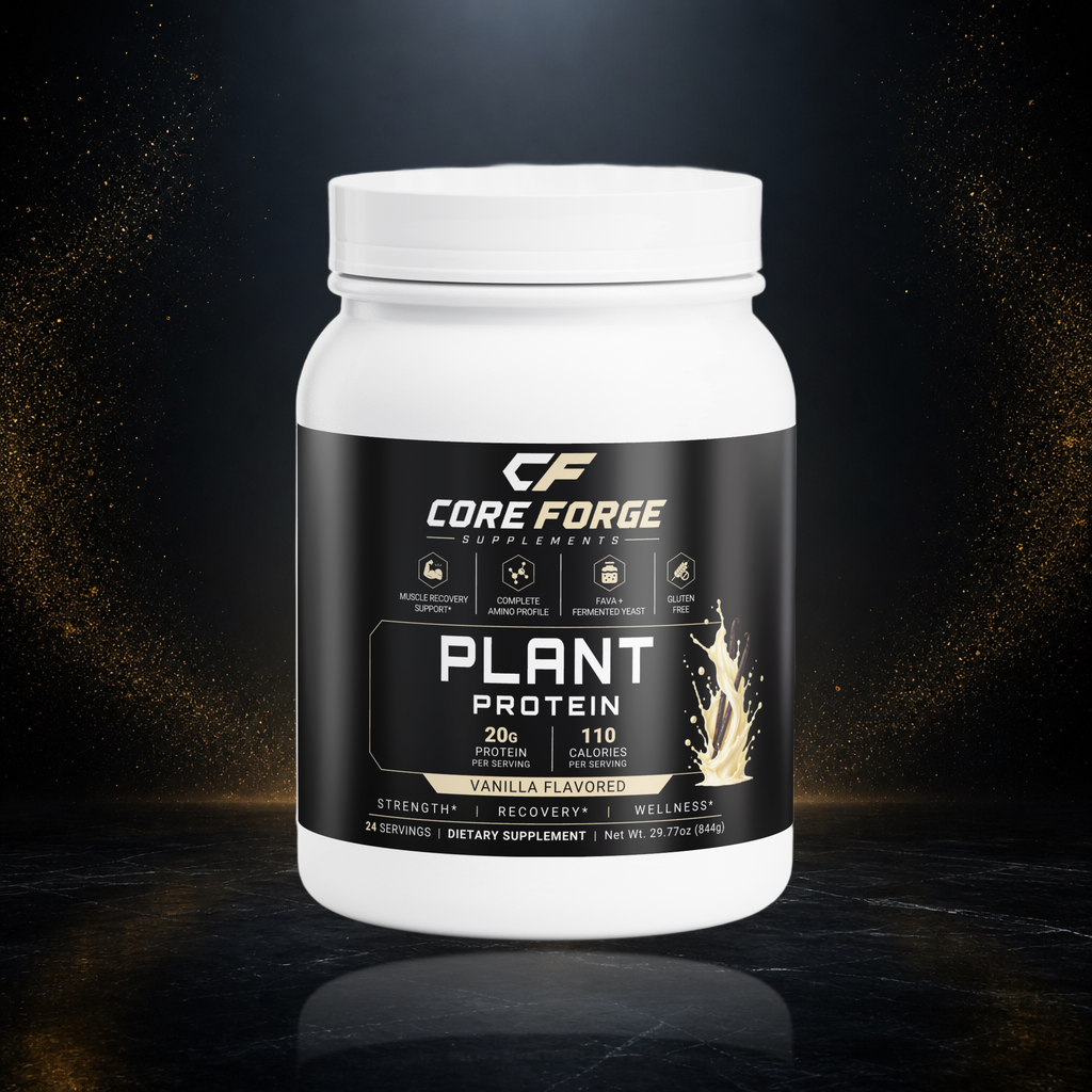 CoreForge Plant Protein vanilla supplement on a premium black and gold studio background
