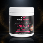 CoreForge Energy Powder strawberry shortcake supplement on a premium black and gold studio background