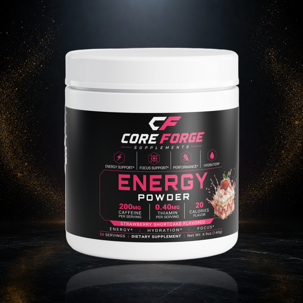 CoreForge Energy Powder strawberry shortcake supplement on a premium black and gold studio background