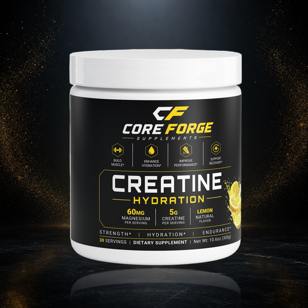 CoreForge Creatine Hydration lemon supplement on a premium black and gold studio background