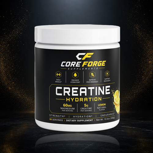 CoreForge Creatine Hydration lemon supplement on a premium black and gold studio background