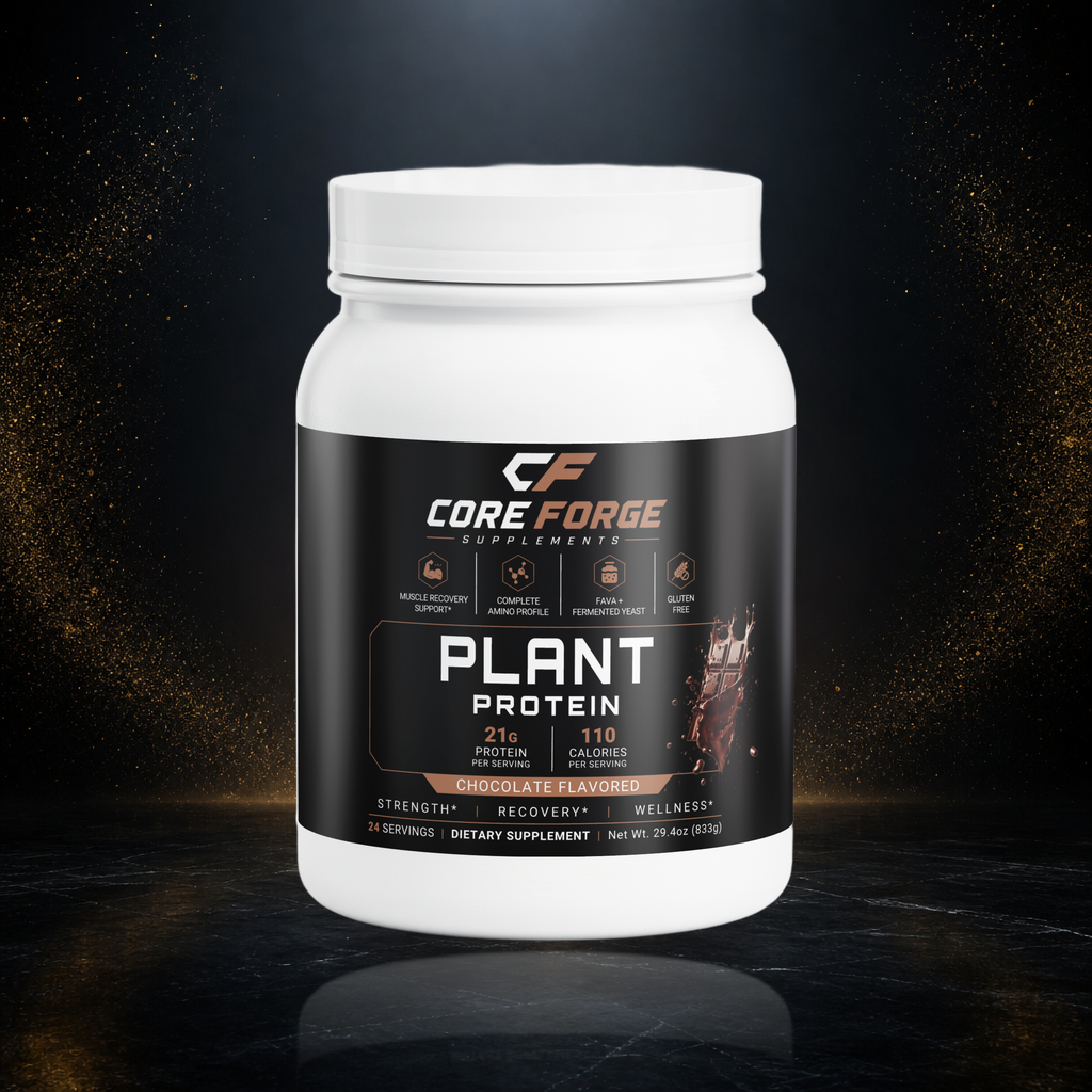 CoreForge Plant Protein chocolate supplement on a premium black and gold studio background