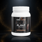 CoreForge Plant Protein chocolate supplement on a premium black and gold studio background