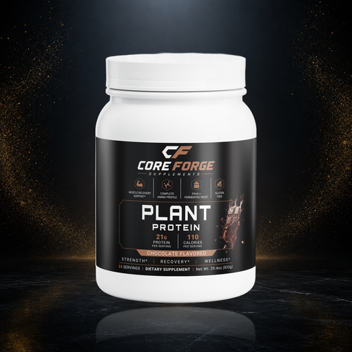 CoreForge Plant Protein chocolate supplement on a premium black and gold studio background