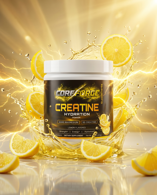 CoreForge Creatine Hydration lemon tub, front label