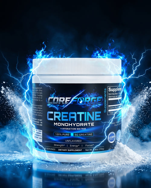 CoreForge Creatine Monohydrate supplement facts panel, 5g pure creatine