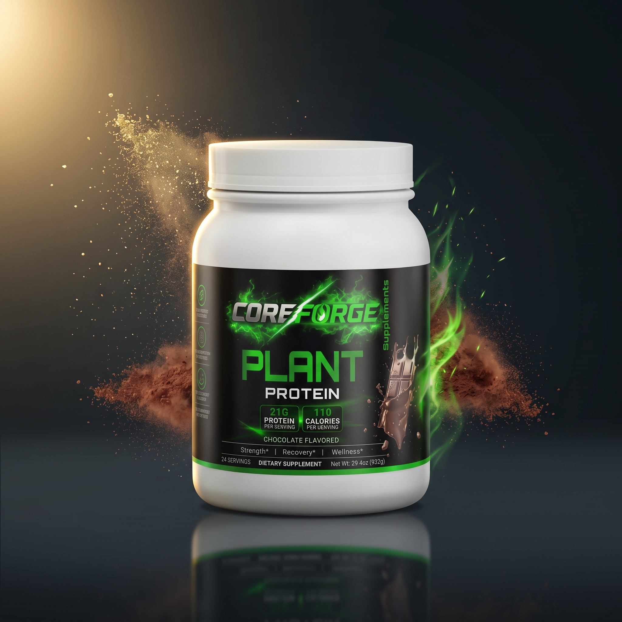 CoreForge Chocolate Plant Protein — premium black and gold hero