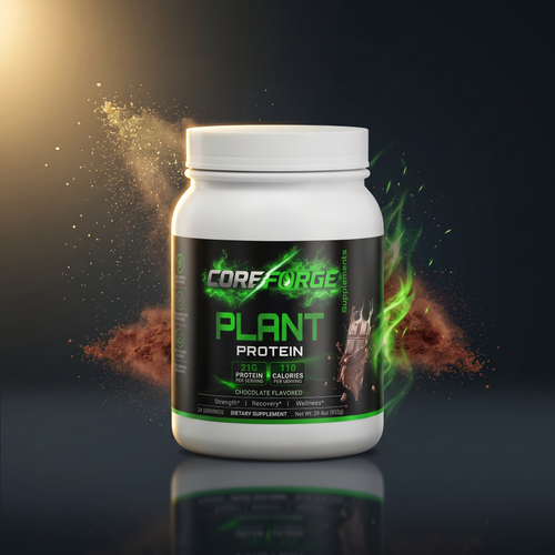 CoreForge Chocolate Plant Protein — premium black and gold hero