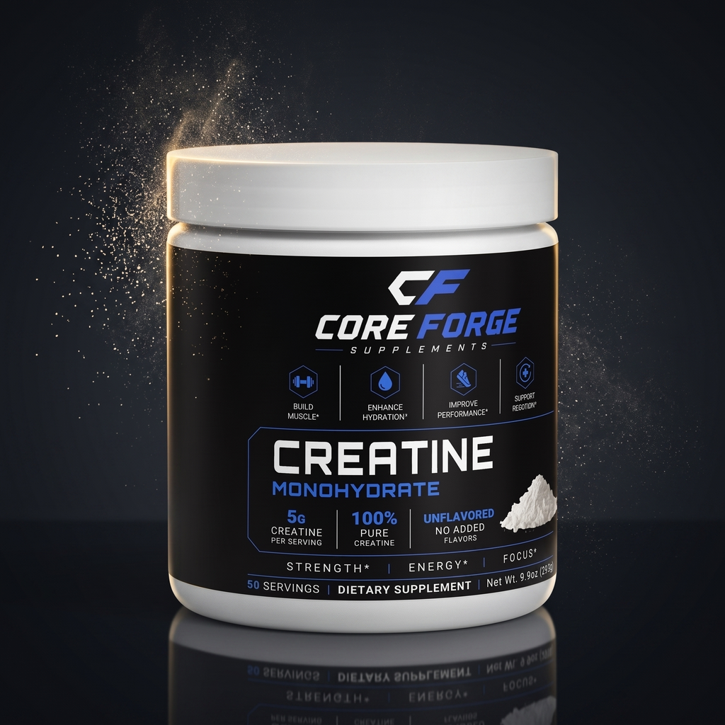 CoreForge Creatine Monohydrate — premium black and gold hero