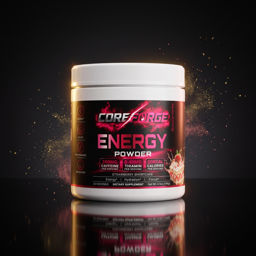 CoreForge Energy Powder — premium black and gold hero