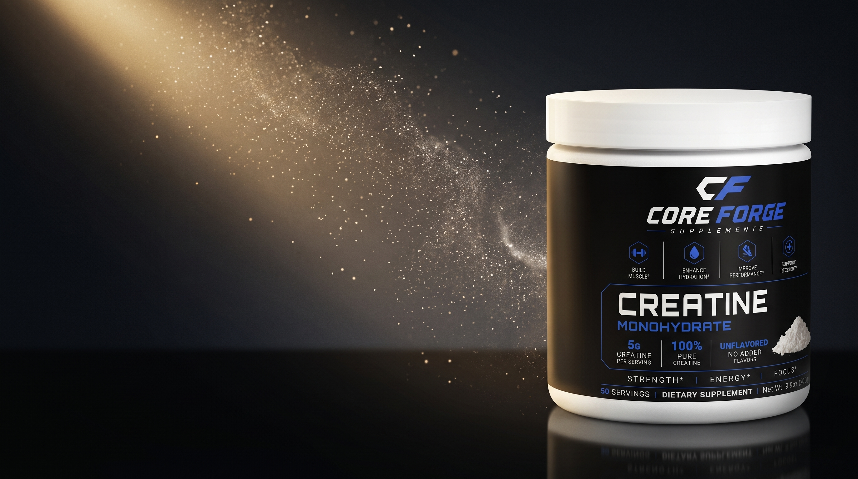 CoreForge creatine hero — premium black and gold studio scene