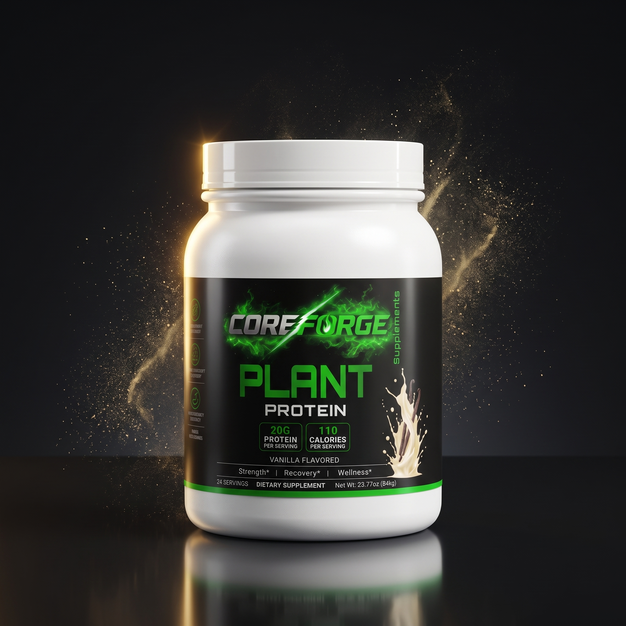 CoreForge Vanilla Plant Protein — premium black and gold hero