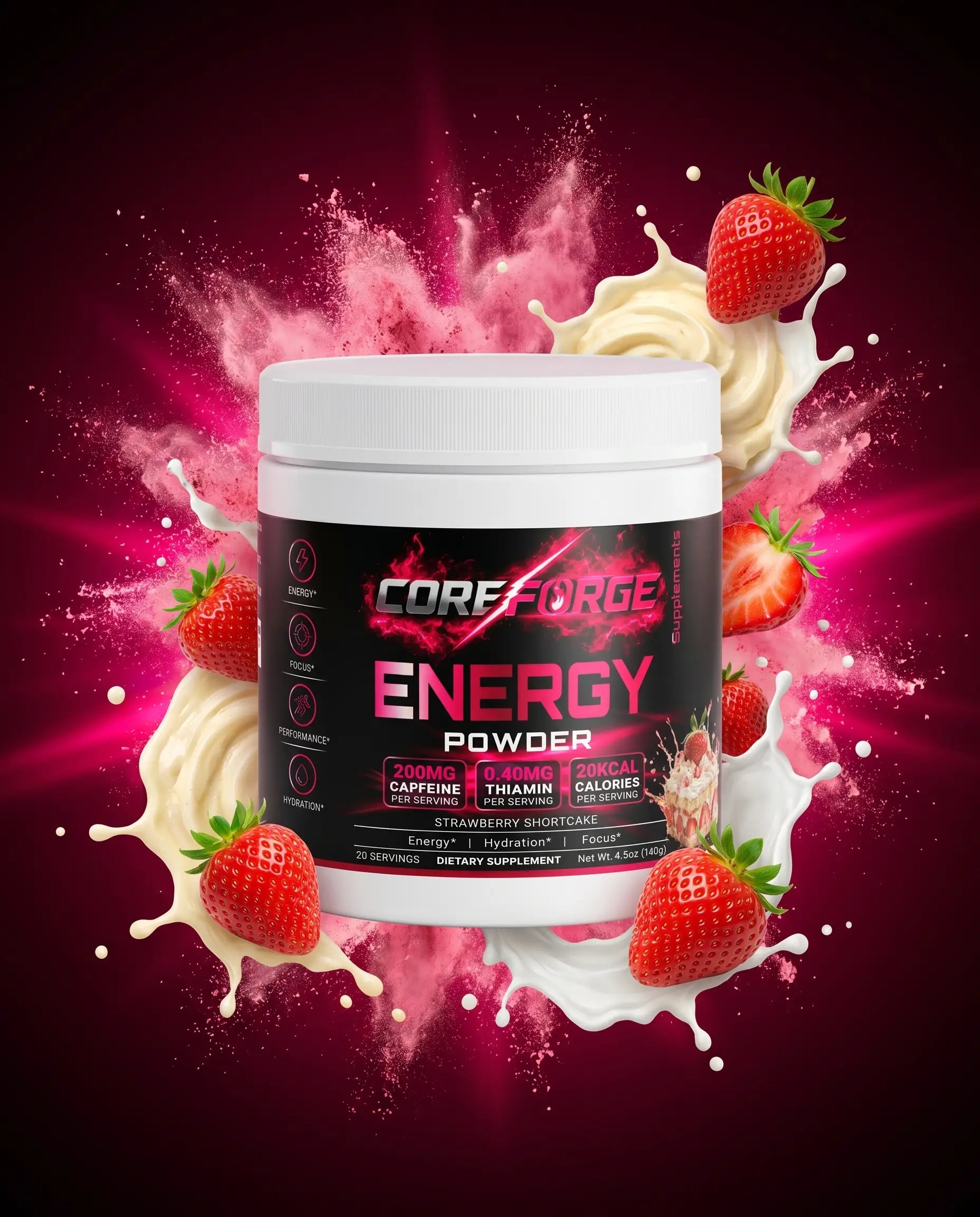 CoreForge Energy Powder strawberry shortcake tub, front label