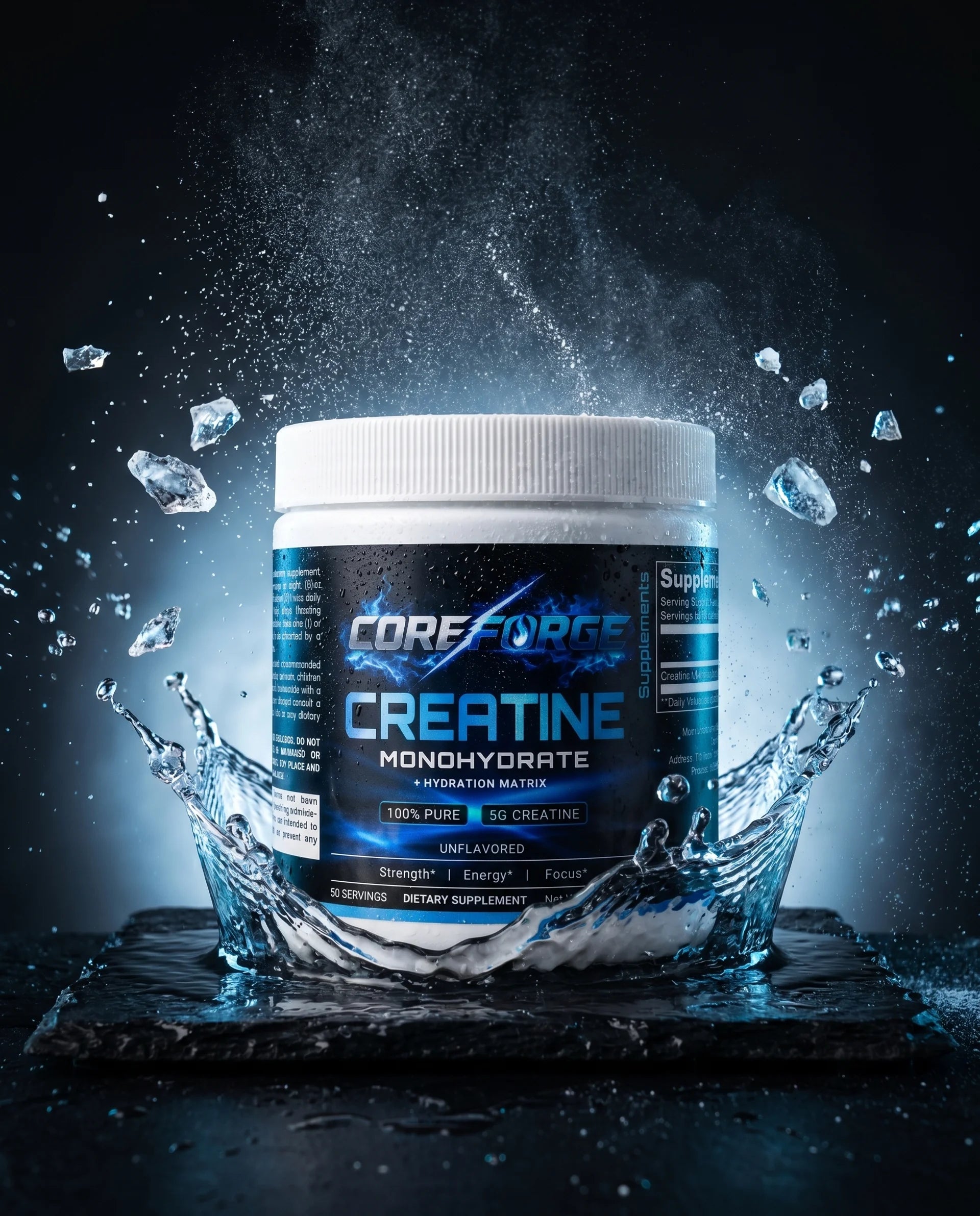 CoreForge Creatine Monohydrate 5g tub, front label